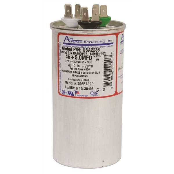 Amrad Engineering ROUND USA-MADE MOTOR RUN CAPACITOR, 45/5 MFD, 370/440 VAC USA2236